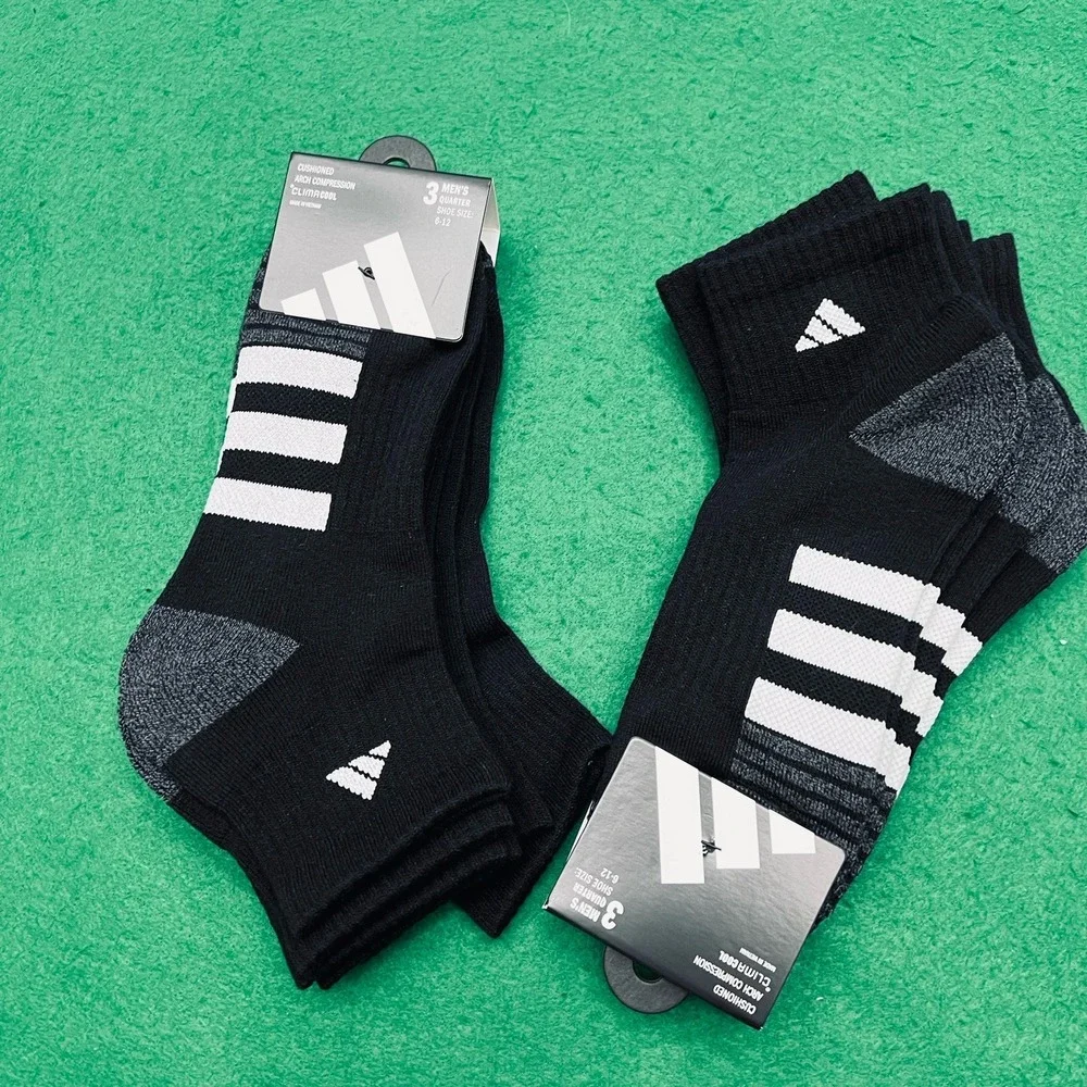 6 Pair Adidas Men's Cushioned Arch Compression Quarter Cut Socks Size 6-12 Black